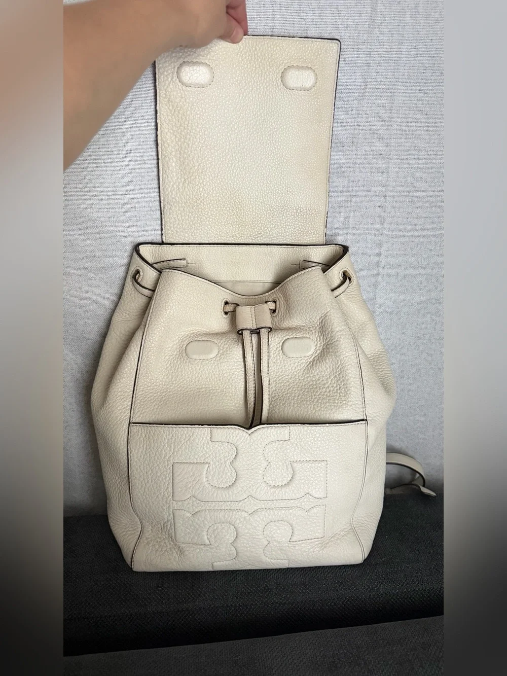 Tory Burch Cream Pebbled Leather Backpack with Embossed Logo